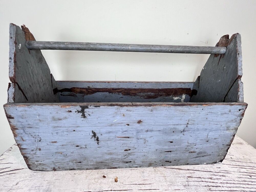 Vintage Grey Primitive Carpenter's Wooden Tool Box Caddy Tote Rustic Wood 21”